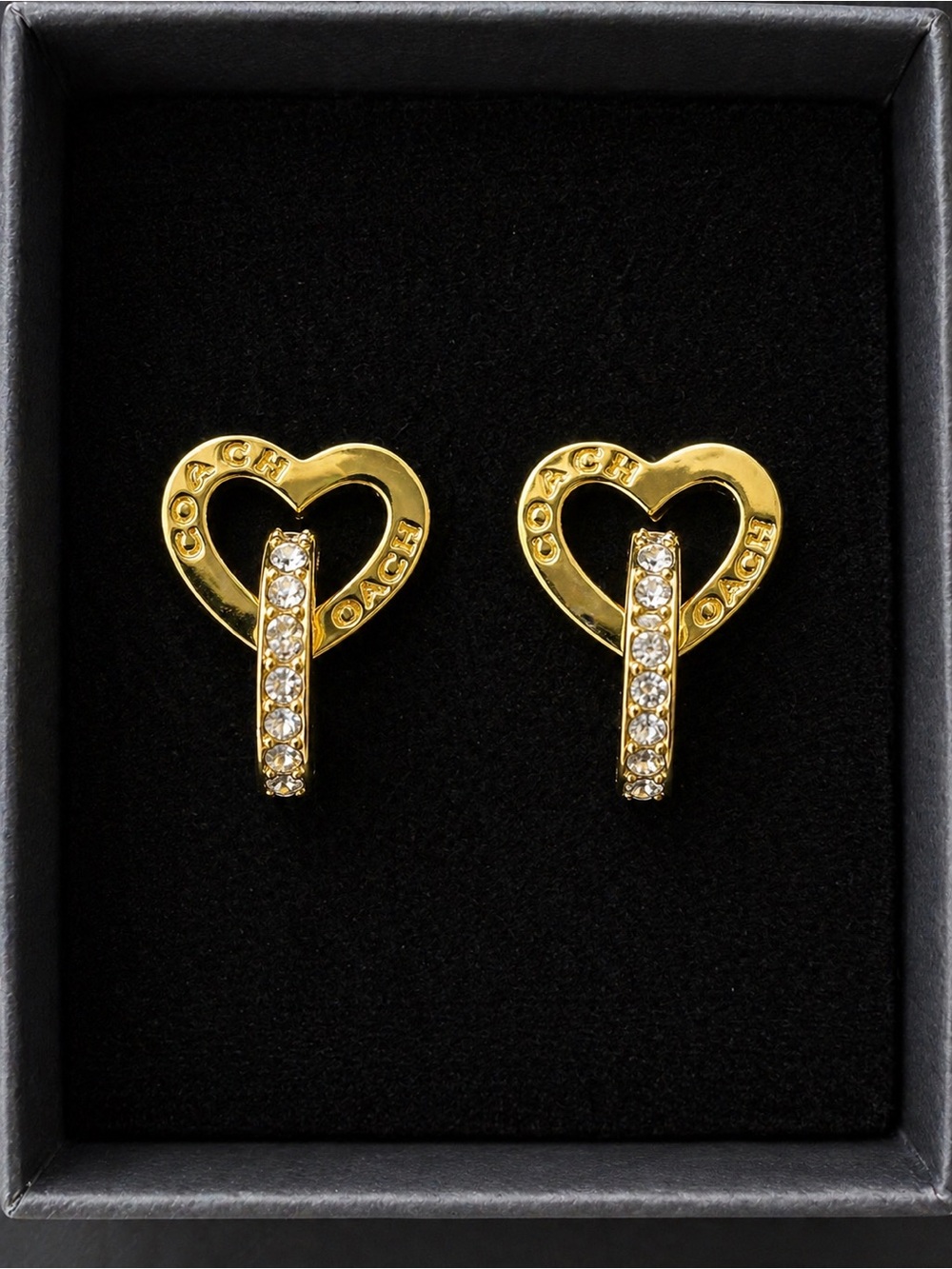 COACH Gold Heart & Interlocking Ring Crystal Stud Earrings